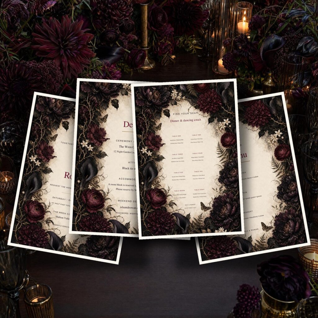 Dark Botanical Romance wedding stationery — deep burgundy invitation suite and reception signs on a candlelit table