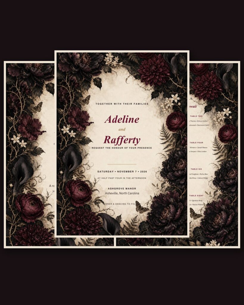 Dark Botanical Romance wedding stationery — burgundy dahlias and black calla lilies around a parchment invitation