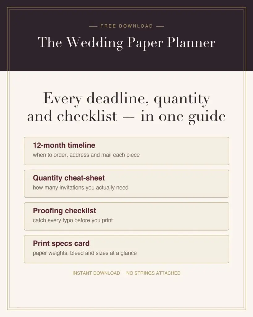 The free Wedding Paper Planner — a 12-month timeline, quantity cheat-sheet, proofing checklist and print specs