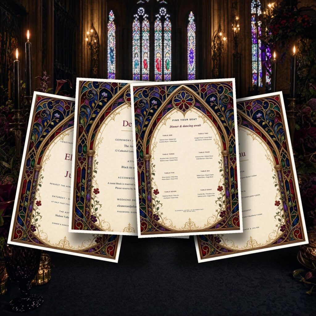 Gothic Stained Glass wedding stationery — jewel-toned invitation suite and signs displayed in a candlelit cathedral