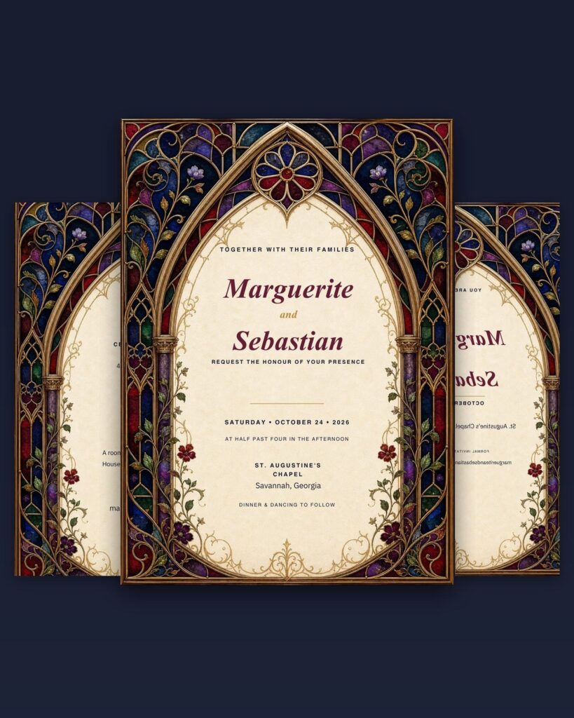 Gothic Stained Glass wedding stationery — jewel-toned invitation suite inside a gilded cathedral arch