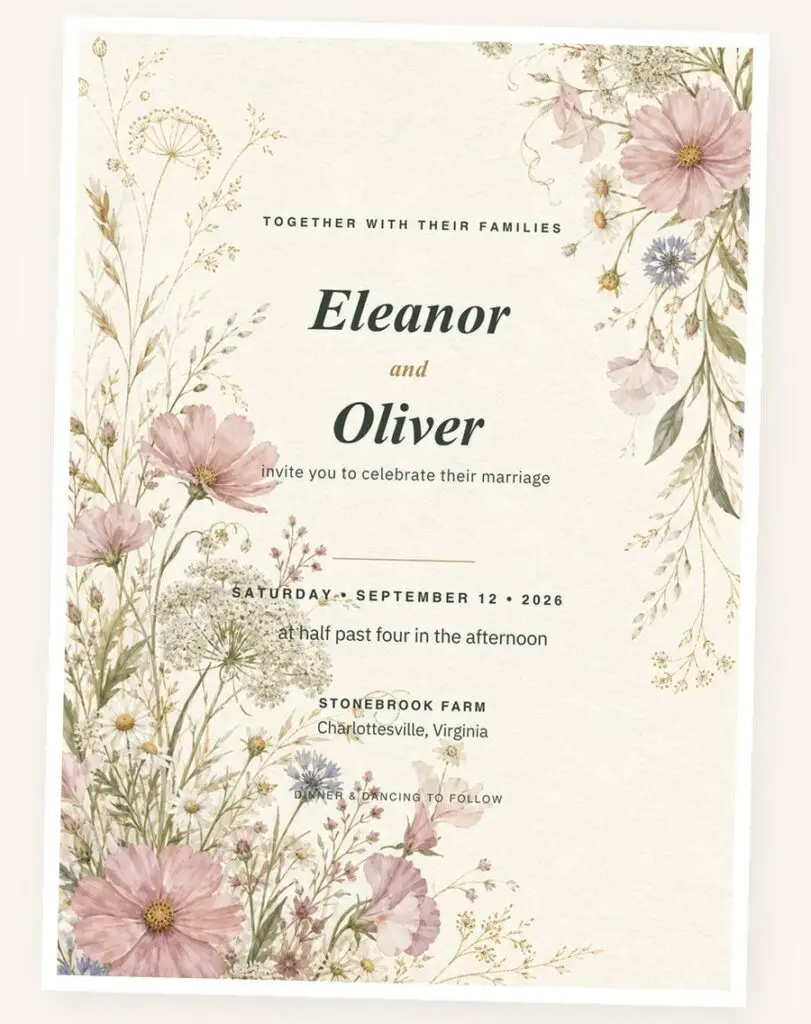 An original wildflower wedding invitation, painted by hand and set in type