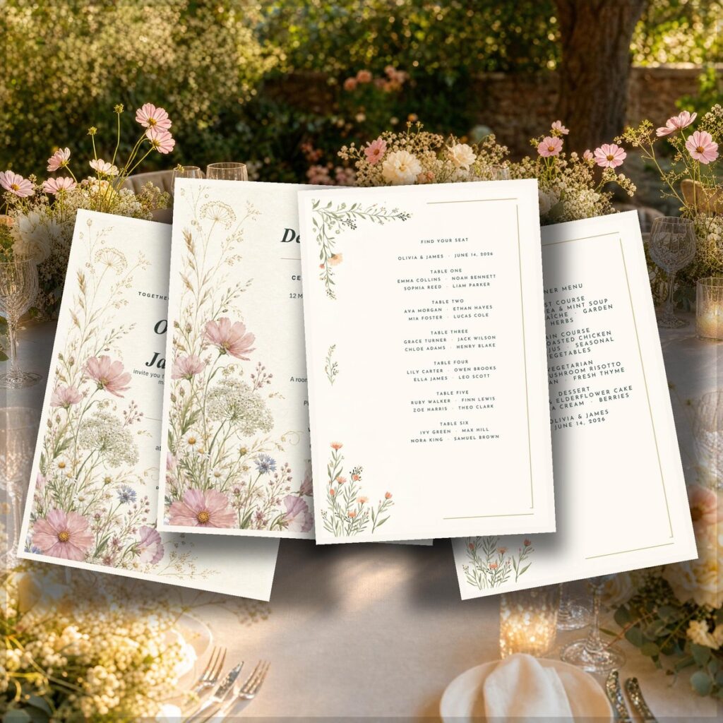 Wildflower Garden wedding stationery — invitation suite and reception signs styled on a garden reception table