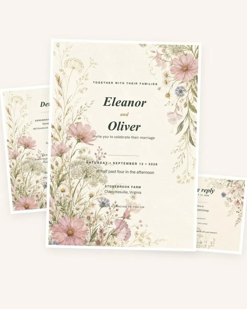 Wildflower Garden wedding stationery — painterly wildflower invitation, details card and RSVP on warm ivory